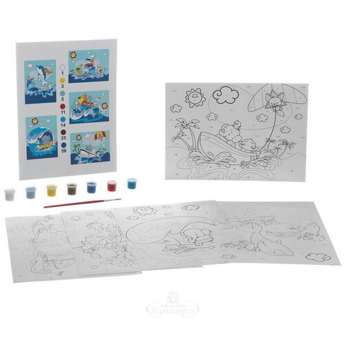 Раскраска по номерам Морские Приключения с акриловыми красками (5 листов) Bondibon
