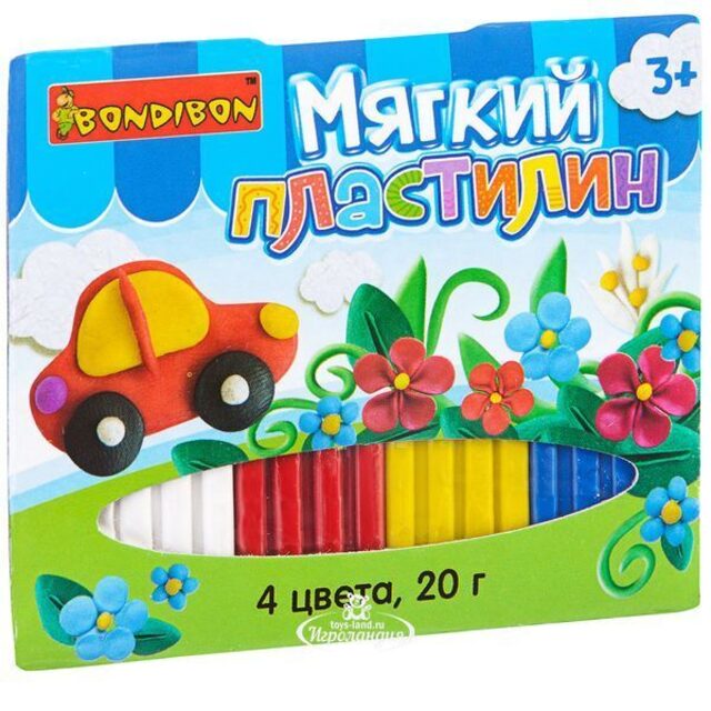 Мягкий пластилин Яркая классика 4 цвета 20 г Bondibon