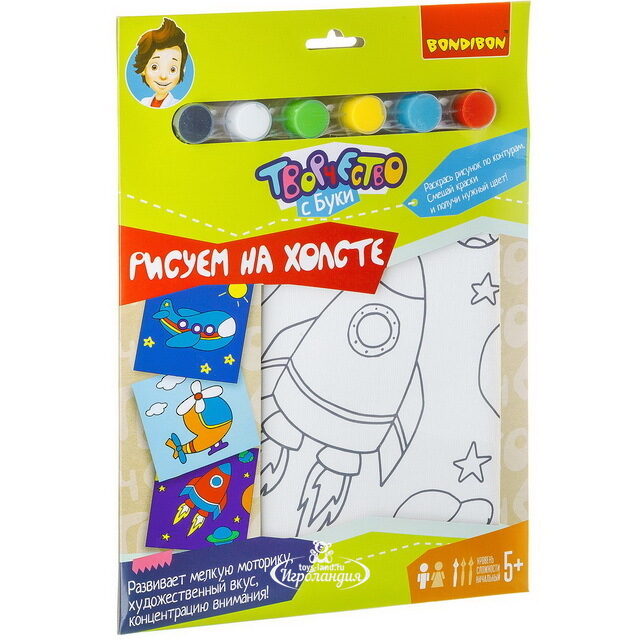 Раскраска на холсте Творчество с Буки - Ракета 20*20 см + краски Bondibon