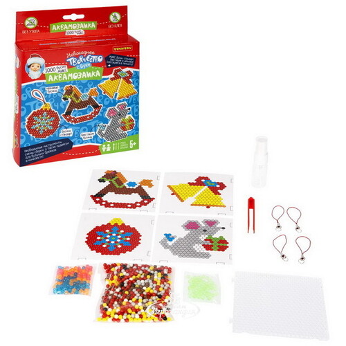 Новогодняя Аквамозаика - Мышка и елочные игрушки, 1000 бусин Bondibon