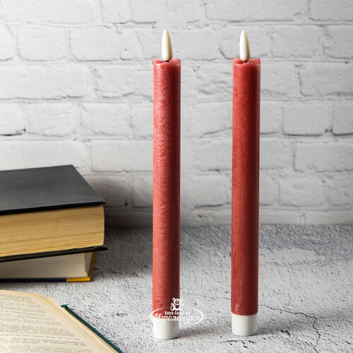 Столовая светодиодная свеча с имитацией пламени Инсендио 26 см 2 шт бордовая, батарейка Peha
