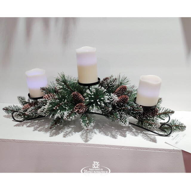 Подсвечник Bristle 76 см с шишками на 3 свечи, ЛЕСКА + ПВХ National Tree Company