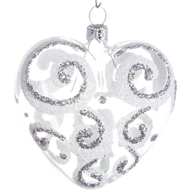 Стеклянная елочная игрушка Сердечко Кокетка 6.5 см серебряное, подвеска Фабрика Елочка