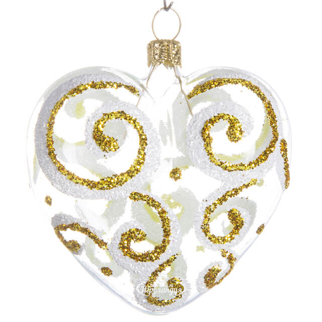 Стеклянная елочная игрушка Сердечко Кокетка 6.5 см золотое, подвеска Фабрика Елочка