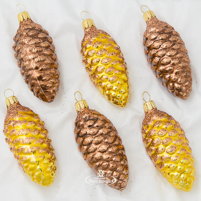 Набор стеклянных елочных игрушек Шишки Декоративные 10 см золотой с коричневым, 6 шт Фабрика Елочка