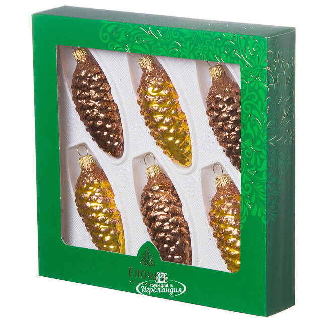 Набор стеклянных елочных игрушек Шишки Декоративные 10 см золотой с коричневым, 6 шт Фабрика Елочка