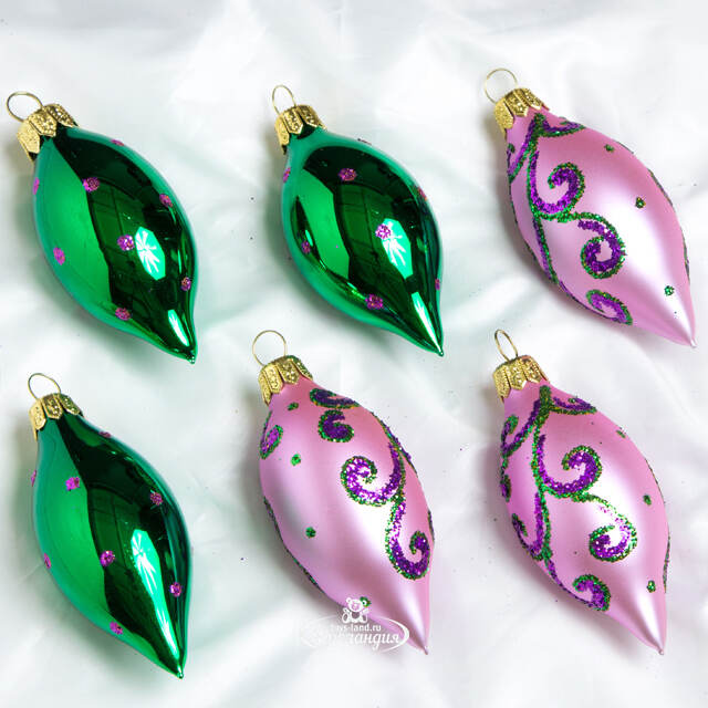Набор елочных игрушек Сосульки Омега фиолетовые с зелеными 10 см, 6 шт, стекло Фабрика Елочка