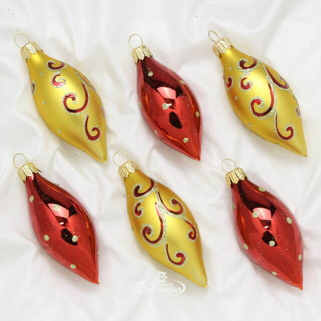 Набор елочных игрушек Сосульки Омега красные с золотыми 10 см, 6 шт, стекло Фабрика Елочка