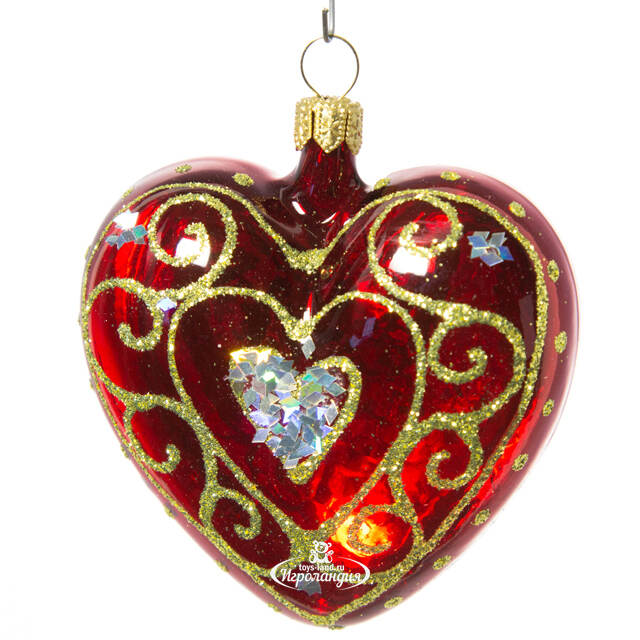 Стеклянная елочная игрушка Сердечко Ажурное 6.5 см красное, подвеска Фабрика Елочка