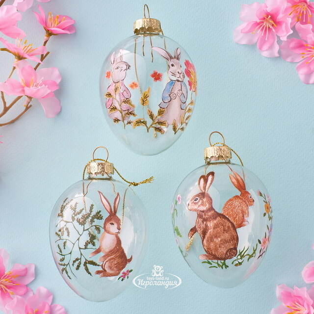Декоративные украшения Пасхальные Яйца - Добрый Кролик 6 см, 3 шт, стекло Koopman (Купман)