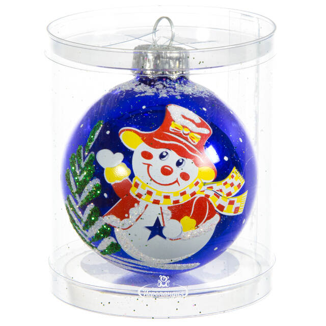 Стеклянный елочный шар Снеговичок 6 см, синий Фабрика Елочка