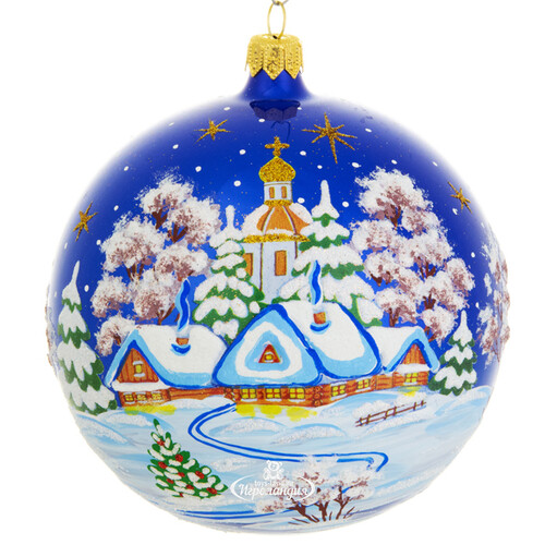 Стеклянный елочный шар Рождественская ночь 11 см синий Фабрика Елочка