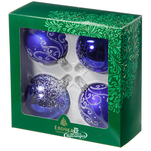 Набор стеклянных елочных шаров Снежный узор 7 см, 4 шт синий Фабрика Елочка