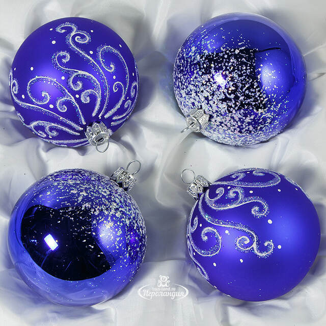 Набор стеклянных елочных шаров Снежный узор 7 см, 4 шт синий Фабрика Елочка