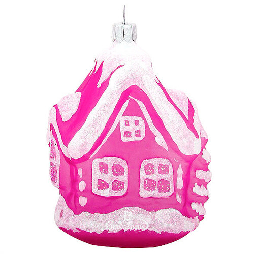 Стеклянная елочная игрушка Домик с Елкой 8 см розовый, подвеска Фабрика Елочка