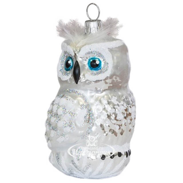 Стеклянная елочная игрушка Сова 8 см белая с серебром, подвеска Фабрика Елочка
