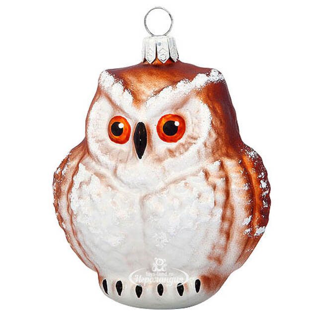 Стеклянная елочная игрушка Филин 8 см коричневый с белым, подвеска Фабрика Елочка