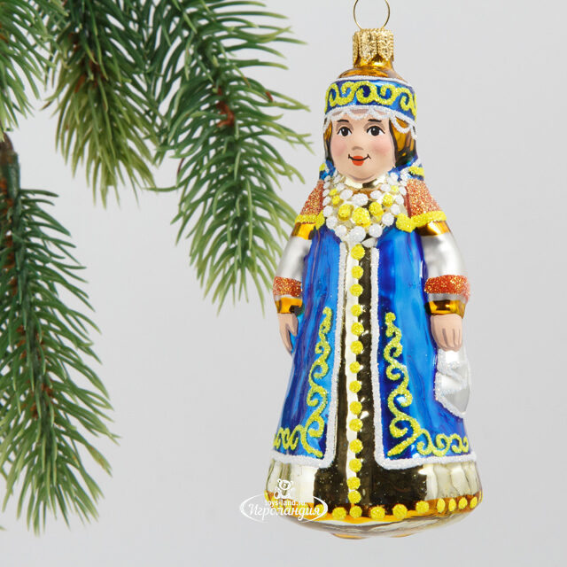 Стеклянная елочная игрушка Фольклор 9.5 см синяя, подвеска Фабрика Елочка