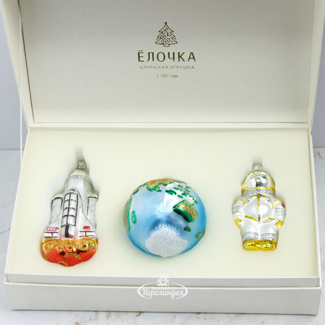 Набор стеклянных елочных игрушек Космический, 3 шт, золотой, подвеска Фабрика Елочка