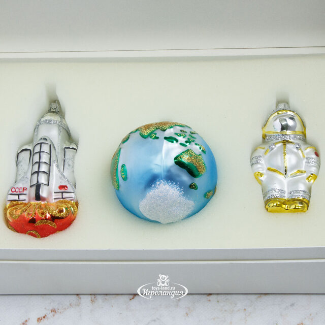Набор стеклянных елочных игрушек Космический, 3 шт, золотой, подвеска Фабрика Елочка