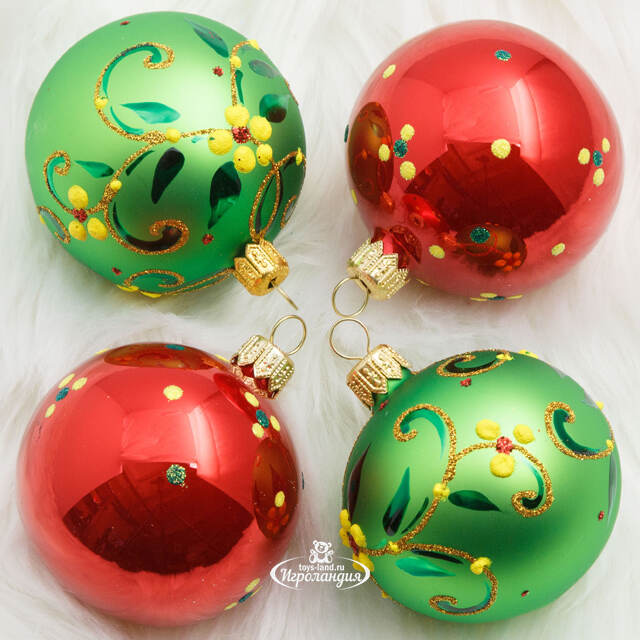Набор стеклянных елочных шаров Луговой 6 см, 4 шт красный с зеленым Фабрика Елочка