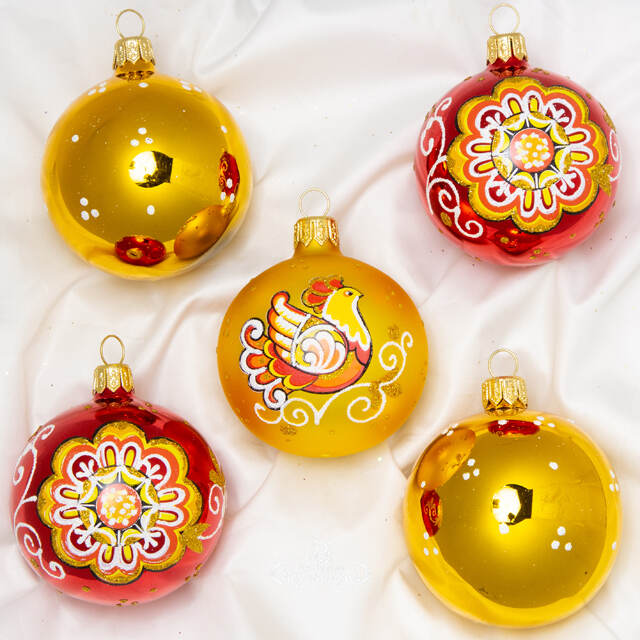 Набор стеклянных елочных шаров Полюшко 6 см, 5 шт, красно-золотой Фабрика Елочка