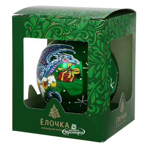 Стеклянный елочный шар Зодиак - Дракон с подарком 8 см зеленый Фабрика Елочка