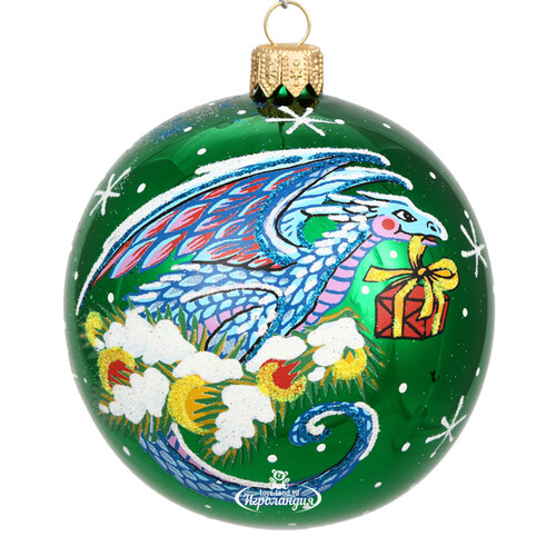 Стеклянный елочный шар Зодиак - Дракон с подарком 8 см зеленый Фабрика Елочка