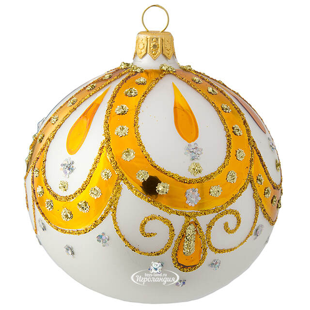 Стеклянный елочный шар Рондо 8 см белый с золотым Фабрика Елочка