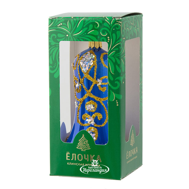 Стеклянная елочная игрушка Колокольчик Вензель 8 см синий, подвеска Фабрика Елочка