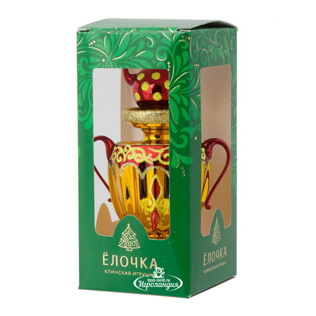 Стеклянная елочная игрушка Самоварчик 10 см золотой, подвеска Фабрика Елочка