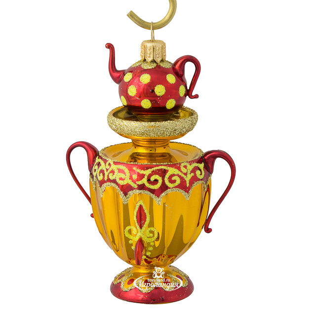 Стеклянная елочная игрушка Самоварчик 10 см золотой, подвеска Фабрика Елочка