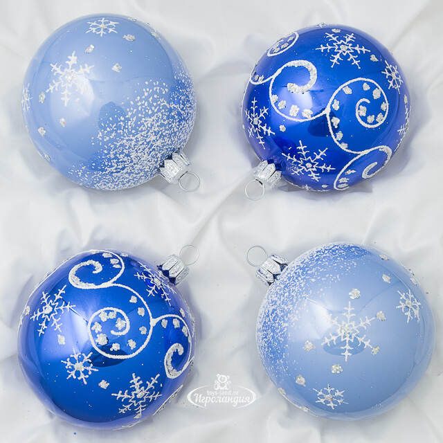 Набор стеклянных елочных шаров Заснеженный 7 см, 4 шт синий Фабрика Елочка