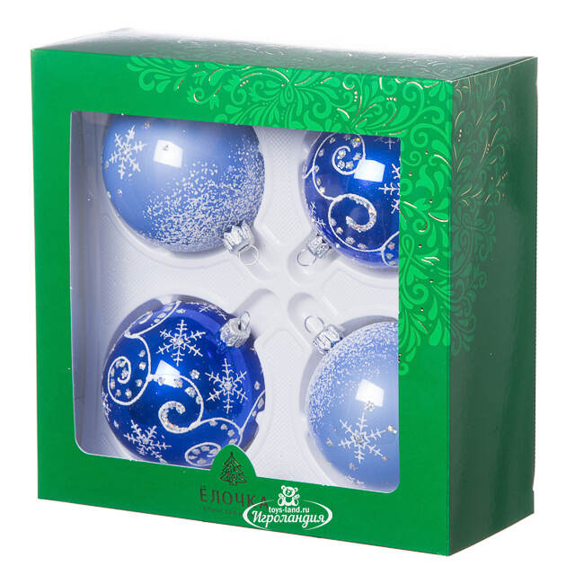 Набор стеклянных елочных шаров Заснеженный 7 см, 4 шт синий Фабрика Елочка