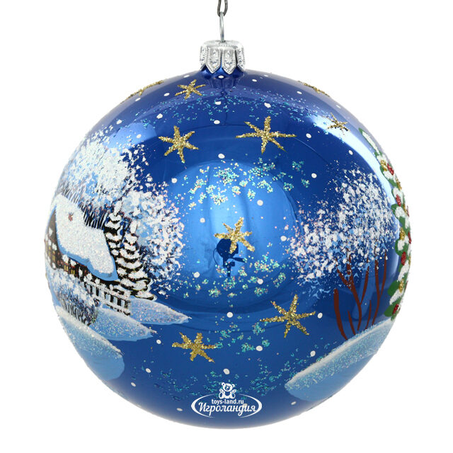 Стеклянный елочный шар Зимний Вечер 11 см синий Фабрика Елочка