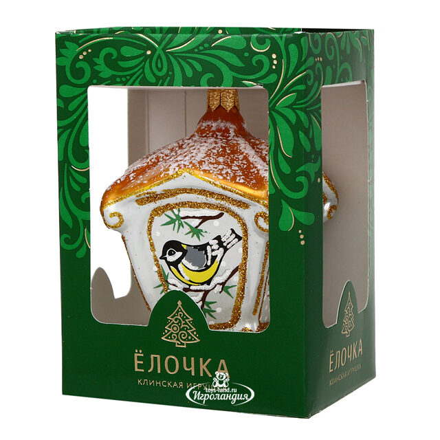 Стеклянная елочная игрушка Фонарь - Птичка на ветке 8 см, подвеска Фабрика Елочка