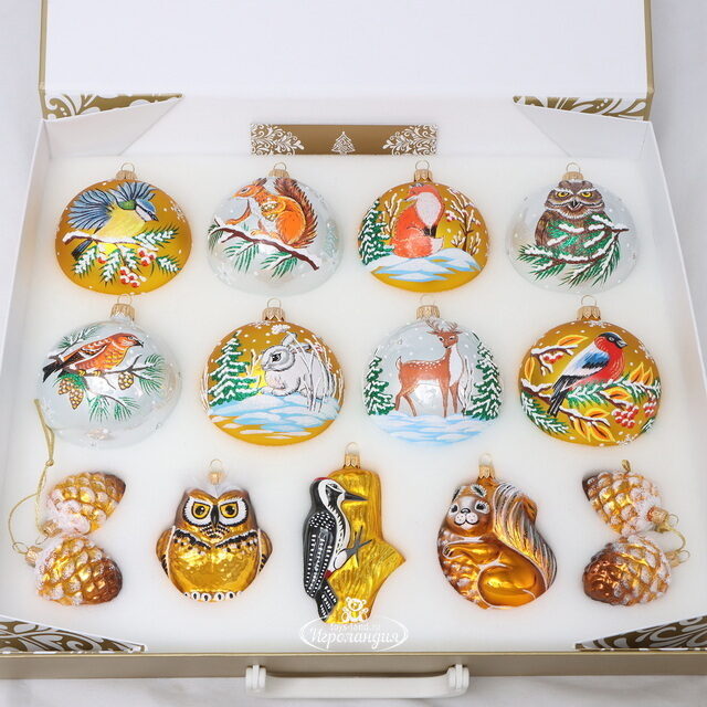 Набор стеклянных елочных шаров Лесная Сказка 5-9 см, 13 шт Фабрика Елочка