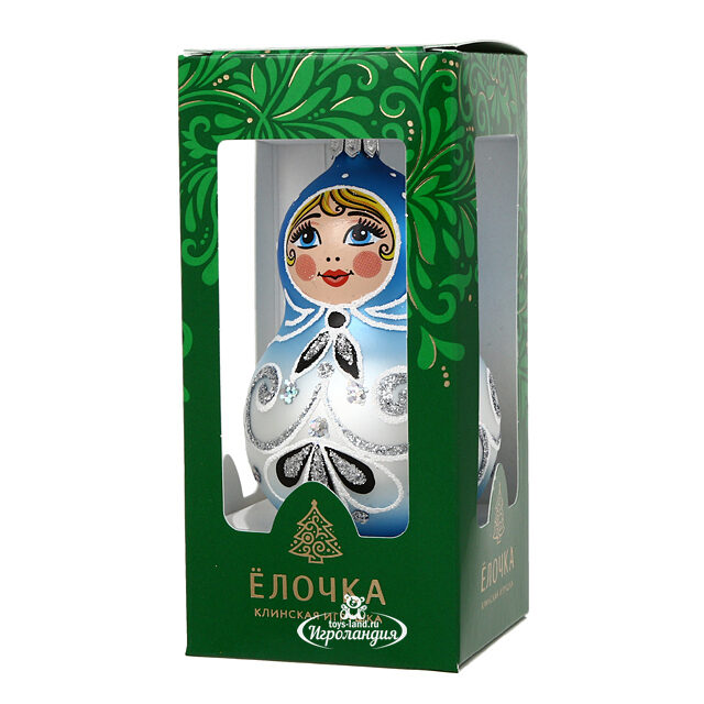 Стеклянная елочная игрушка Ажурная Матрешка 9 см, синяя, подвеска Фабрика Елочка