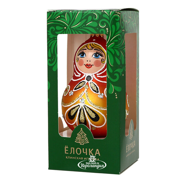 Стеклянная елочная игрушка Ажурная Матрешка 9 см, золотая, подвеска Фабрика Елочка