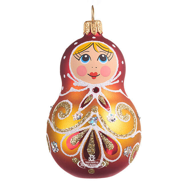 Стеклянная елочная игрушка Ажурная Матрешка 9 см, золотая, подвеска Фабрика Елочка