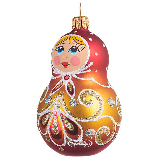 Стеклянная елочная игрушка Ажурная Матрешка 9 см, золотая, подвеска Фабрика Елочка