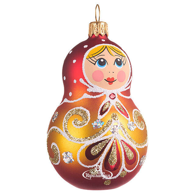Стеклянная елочная игрушка Ажурная Матрешка 9 см, золотая, подвеска Фабрика Елочка
