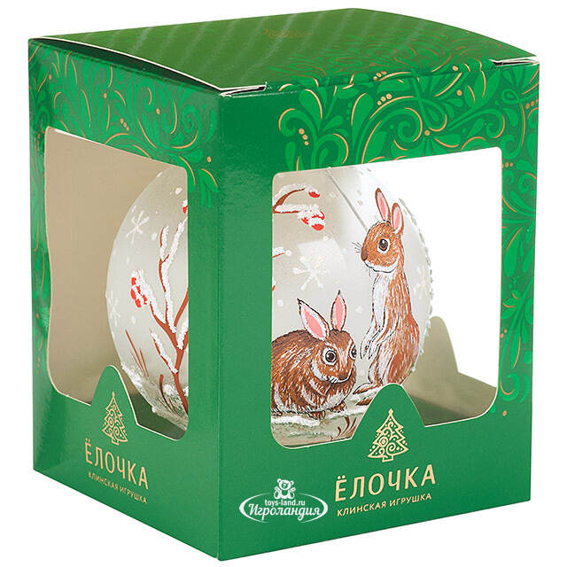 Стеклянный елочный шар Зайчики 9 см Фабрика Елочка