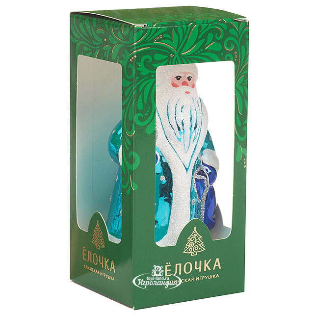 Стеклянная елочная игрушка Дед Мороз 11 см голубая Фабрика Елочка