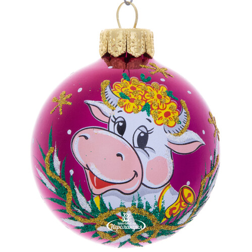 Стеклянный елочный шар Зодиак - Бычок Романтик 6 см вишневый Фабрика Елочка