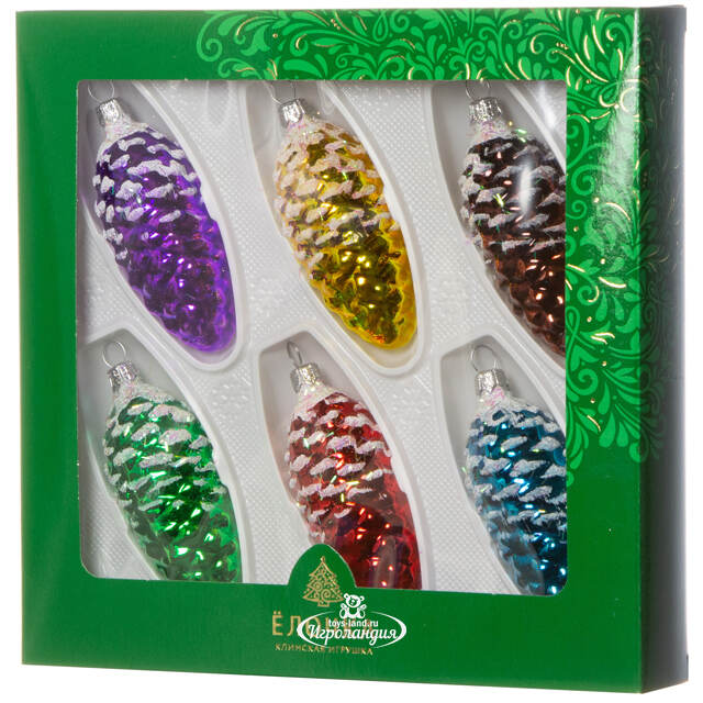 Набор стеклянных елочных игрушек Шишки Сосновый Бор 8 см, 6 шт Фабрика Елочка