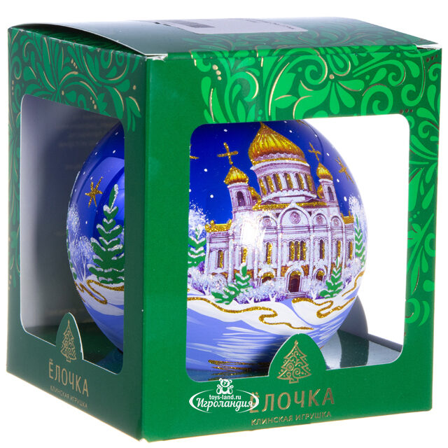 Стеклянный елочный шар Русь 11 см синий Фабрика Елочка