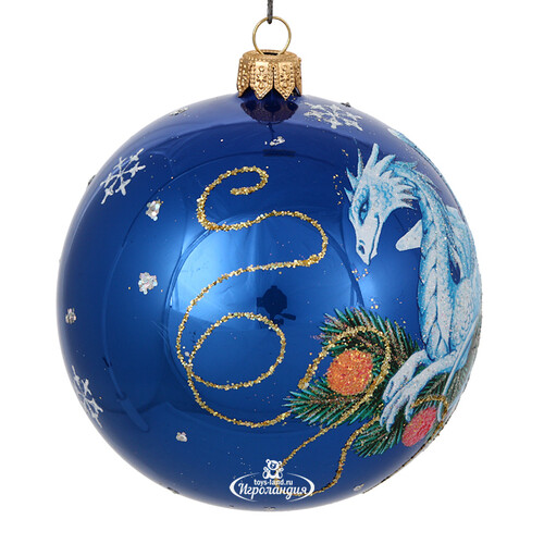 Стеклянный елочный шар Зодиак - Дракон на еловой ветке 9 см синий Фабрика Елочка