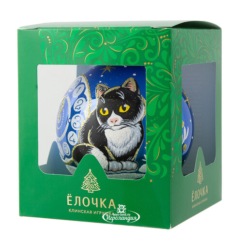 Стеклянный елочный шар Зодиак - Кот и часы 9 см синий Фабрика Елочка
