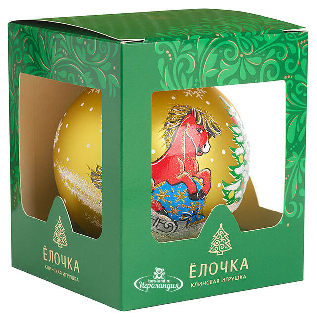 Стеклянный елочный шар Зодиак - Лошадка Рени с елочкой 10 см золотой Фабрика Елочка